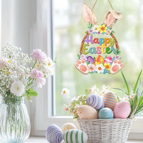 Easter Decoration Bunny Door Sign Wooden Easter Wreath for Front Door Happy Easter Spring Decoration Cute Rabbit Design Flower Egg Welcome Hanging for Home Wall Decor Party Outdoor indoor Supply in Saudi Arabia