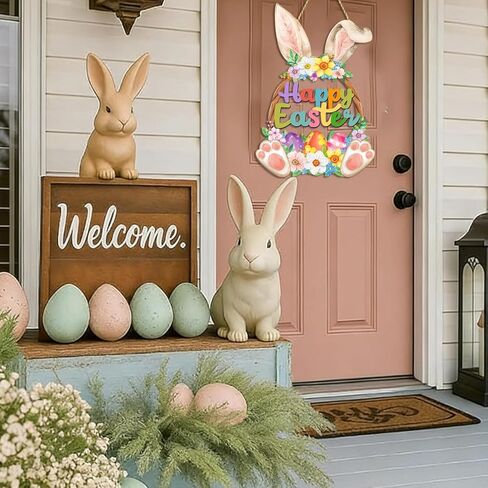 Easter Decoration Bunny Door Sign Wooden Easter Wreath for Front Door Happy Easter Spring Decoration Cute Rabbit Design Flower Egg Welcome Hanging for Home Wall Decor Party Outdoor indoor Supply in Saudi Arabia