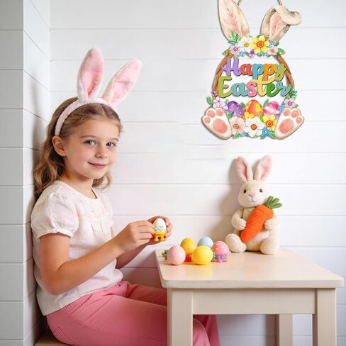 Easter Decoration Bunny Door Sign Wooden Easter Wreath for Front Door Happy Easter Spring Decoration Cute Rabbit Design Flower Egg Welcome Hanging for Home Wall Decor Party Outdoor indoor Supply in Saudi Arabia