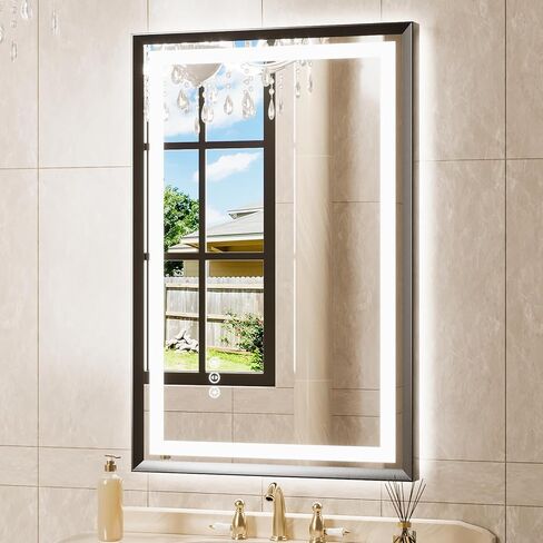 مرآة LED مقاس 24 × 36 للحمام، مرآة بإطار معدني أسود مصقول مع إضاءة خلفية + إضاءة أمامية، مرآة حمام مع أضواء، مضادة للضباب، قابلة للتعتيم، مرآة مضاءة من الزجاج المقسى (أفقي/عمودي) in Kuwait
