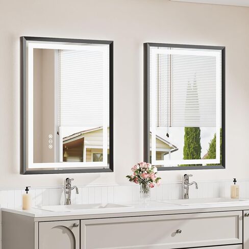 مرآة LED مقاس 24 × 36 للحمام، مرآة بإطار معدني أسود مصقول مع إضاءة خلفية + إضاءة أمامية، مرآة حمام مع أضواء، مضادة للضباب، قابلة للتعتيم، مرآة مضاءة من الزجاج المقسى (أفقي/عمودي) in Kuwait