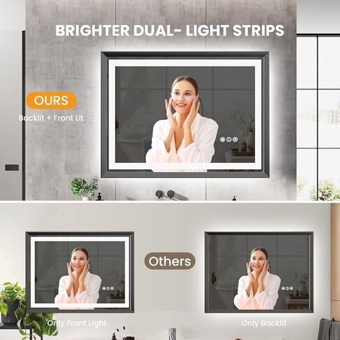مرآة LED مقاس 24 × 36 للحمام، مرآة بإطار معدني أسود مصقول مع إضاءة خلفية + إضاءة أمامية، مرآة حمام مع أضواء، مضادة للضباب، قابلة للتعتيم، مرآة مضاءة من الزجاج المقسى (أفقي/عمودي) in Kuwait