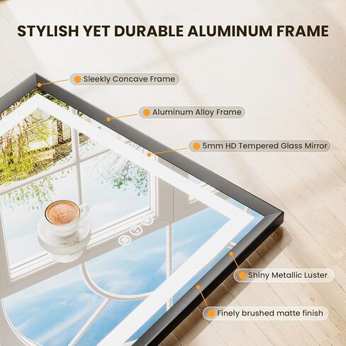 مرآة LED مقاس 24 × 36 للحمام، مرآة بإطار معدني أسود مصقول مع إضاءة خلفية + إضاءة أمامية، مرآة حمام مع أضواء، مضادة للضباب، قابلة للتعتيم، مرآة مضاءة من الزجاج المقسى (أفقي/عمودي) in Kuwait