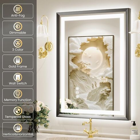 مرآة LED مقاس 24 × 36 للحمام، مرآة بإطار معدني أسود مصقول مع إضاءة خلفية + إضاءة أمامية، مرآة حمام مع أضواء، مضادة للضباب، قابلة للتعتيم، مرآة مضاءة من الزجاج المقسى (أفقي/عمودي) in Kuwait
