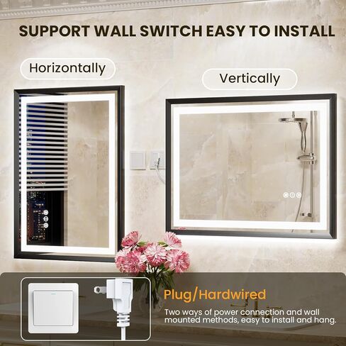 مرآة LED مقاس 24 × 36 للحمام، مرآة بإطار معدني أسود مصقول مع إضاءة خلفية + إضاءة أمامية، مرآة حمام مع أضواء، مضادة للضباب، قابلة للتعتيم، مرآة مضاءة من الزجاج المقسى (أفقي/عمودي) in Kuwait