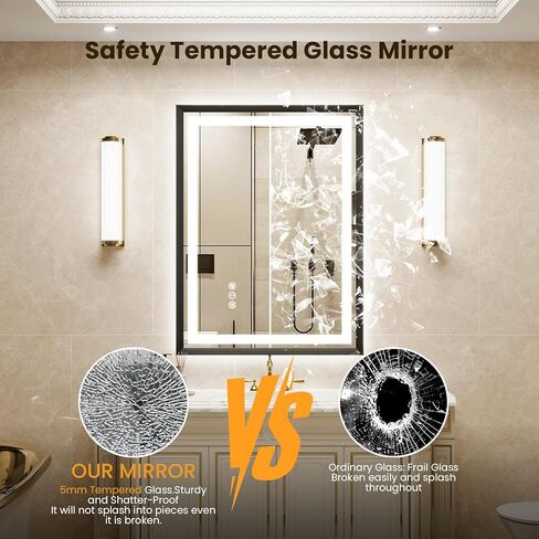 مرآة LED مقاس 24 × 36 للحمام، مرآة بإطار معدني أسود مصقول مع إضاءة خلفية + إضاءة أمامية، مرآة حمام مع أضواء، مضادة للضباب، قابلة للتعتيم، مرآة مضاءة من الزجاج المقسى (أفقي/عمودي) in Kuwait
