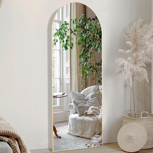 مرآة مقوسة من OLIXIS بطول كامل 40.64 سم × 59.6 سم لغرفة النوم، مرآة للجسم بالكامل مع حامل، معلقة أو تميل للجدار، إطار رفيع من سبائك الألومنيوم لغرفة المعيشة، طويلة، ذهبية in Kuwait