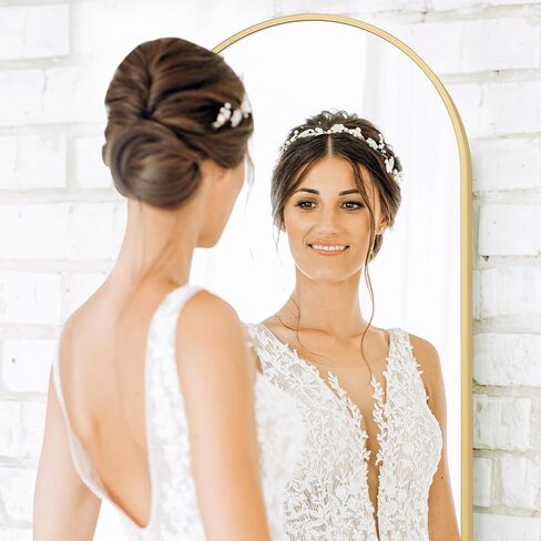 مرآة مقوسة من OLIXIS بطول كامل 40.64 سم × 59.6 سم لغرفة النوم، مرآة للجسم بالكامل مع حامل، معلقة أو تميل للجدار، إطار رفيع من سبائك الألومنيوم لغرفة المعيشة، طويلة، ذهبية in Kuwait