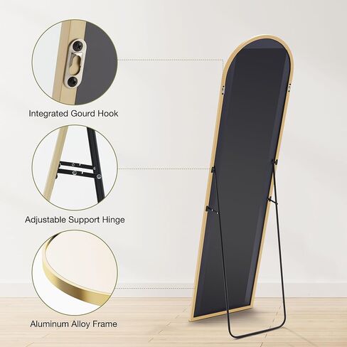 مرآة مقوسة من OLIXIS بطول كامل 40.64 سم × 59.6 سم لغرفة النوم، مرآة للجسم بالكامل مع حامل، معلقة أو تميل للجدار، إطار رفيع من سبائك الألومنيوم لغرفة المعيشة، طويلة، ذهبية in Kuwait