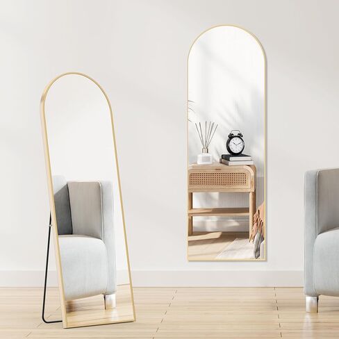 مرآة مقوسة من OLIXIS بطول كامل 40.64 سم × 59.6 سم لغرفة النوم، مرآة للجسم بالكامل مع حامل، معلقة أو تميل للجدار، إطار رفيع من سبائك الألومنيوم لغرفة المعيشة، طويلة، ذهبية in Kuwait