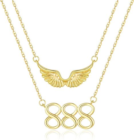 14K Gold Angel Number Layered Necklace for Women, Double Chain Stack Angel Wings Pendant Necklace, Lucky Numerology Jewelry Gifts For Birthday Christmas Mother's Day in Saudi Arabia