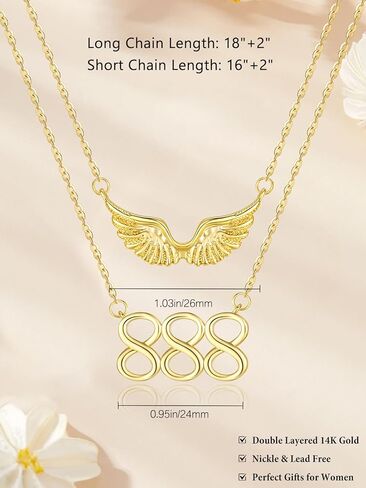 14K Gold Angel Number Layered Necklace for Women, Double Chain Stack Angel Wings Pendant Necklace, Lucky Numerology Jewelry Gifts For Birthday Christmas Mother's Day in Saudi Arabia