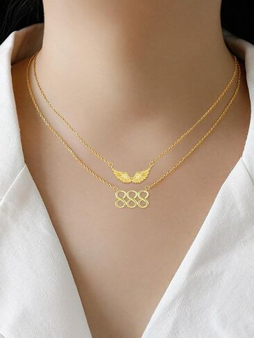 14K Gold Angel Number Layered Necklace for Women, Double Chain Stack Angel Wings Pendant Necklace, Lucky Numerology Jewelry Gifts For Birthday Christmas Mother's Day in Saudi Arabia