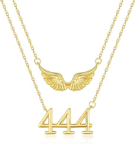 14K Gold Angel Number Layered Necklace for Women, Double Chain Stack Angel Wings Pendant Necklace, Lucky Numerology Jewelry Gifts For Birthday Christmas Mother's Day in Saudi Arabia