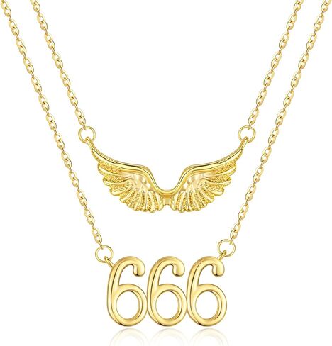 14K Gold Angel Number Layered Necklace for Women, Double Chain Stack Angel Wings Pendant Necklace, Lucky Numerology Jewelry Gifts For Birthday Christmas Mother's Day in Saudi Arabia