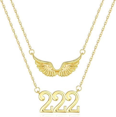 14K Gold Angel Number Layered Necklace for Women, Double Chain Stack Angel Wings Pendant Necklace, Lucky Numerology Jewelry Gifts For Birthday Christmas Mother's Day in Saudi Arabia