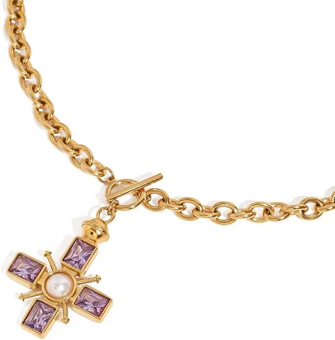 Stainless Steel 18K Gold Plated Purple Zircon Pearl Cross Pendant Trendy Versatile Personalized Chuncky Chain Choker Necklace in Kuwait