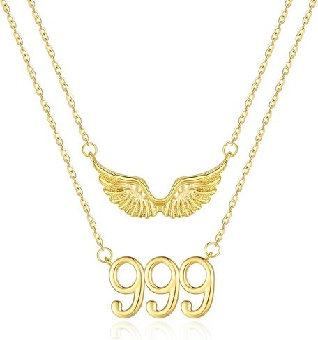 14K Gold Angel Number Layered Necklace for Women, Double Chain Stack Angel Wings Pendant Necklace, Lucky Numerology Jewelry Gifts For Birthday Christmas Mother's Day in Saudi Arabia