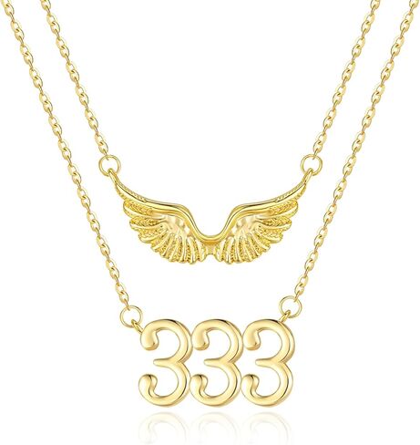 14K Gold Angel Number Layered Necklace for Women, Double Chain Stack Angel Wings Pendant Necklace, Lucky Numerology Jewelry Gifts For Birthday Christmas Mother's Day in Saudi Arabia