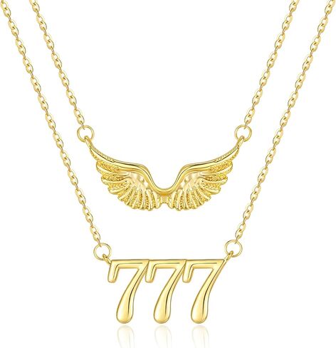 14K Gold Angel Number Layered Necklace for Women, Double Chain Stack Angel Wings Pendant Necklace, Lucky Numerology Jewelry Gifts For Birthday Christmas Mother's Day in Saudi Arabia
