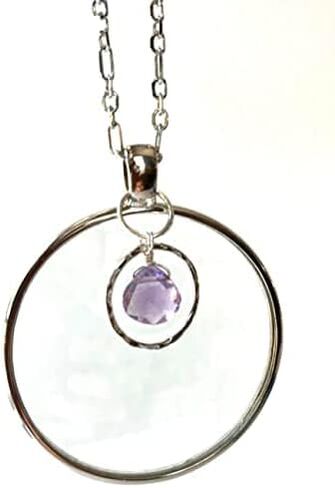 Magnifying Glass Necklace, Sterling Silver with Aquamarine or Amethyst Crystal, La Loupe Handmade by Wendra in Kuwait