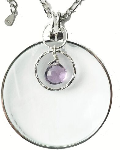 Magnifying Glass Necklace, Sterling Silver with Aquamarine or Amethyst Crystal, La Loupe Handmade by Wendra in Kuwait