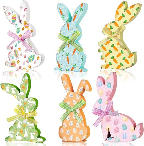 Thinkday 6 Pcs Easter Bunny Wooden Signs Rabbit Spring Table Signs for Home Office Table Wood Bunny Easter Decorations Sign with Ribbons for Tiered Tray Mantel Shelf, Farmhouse Party Supplies in Kuwait
