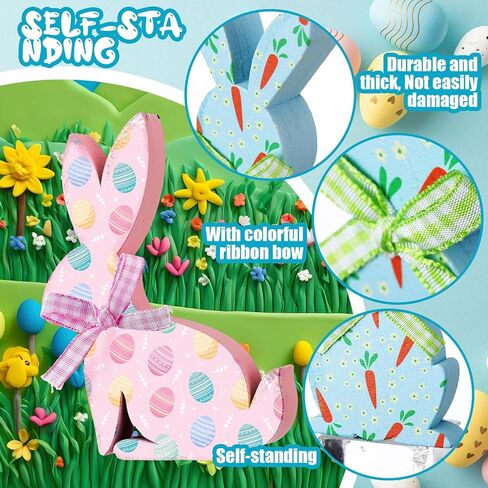 Thinkday 6 Pcs Easter Bunny Wooden Signs Rabbit Spring Table Signs for Home Office Table Wood Bunny Easter Decorations Sign with Ribbons for Tiered Tray Mantel Shelf, Farmhouse Party Supplies in Kuwait