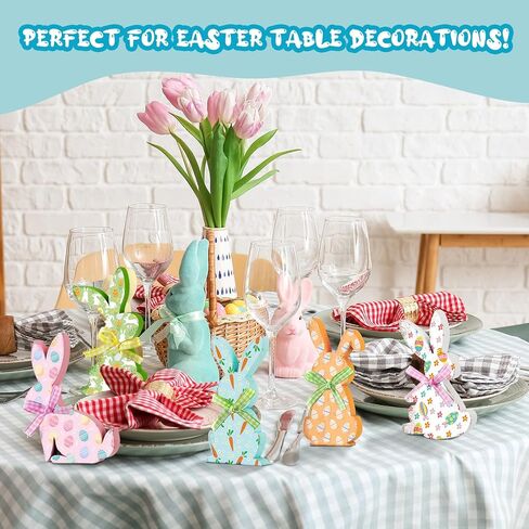 Thinkday 6 Pcs Easter Bunny Wooden Signs Rabbit Spring Table Signs for Home Office Table Wood Bunny Easter Decorations Sign with Ribbons for Tiered Tray Mantel Shelf, Farmhouse Party Supplies in Kuwait