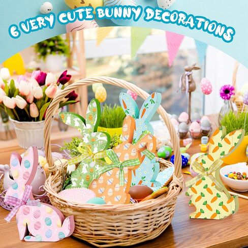 Thinkday 6 Pcs Easter Bunny Wooden Signs Rabbit Spring Table Signs for Home Office Table Wood Bunny Easter Decorations Sign with Ribbons for Tiered Tray Mantel Shelf, Farmhouse Party Supplies in Kuwait