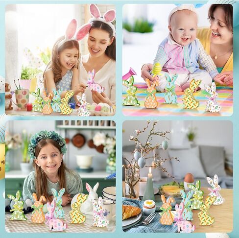 Thinkday 6 Pcs Easter Bunny Wooden Signs Rabbit Spring Table Signs for Home Office Table Wood Bunny Easter Decorations Sign with Ribbons for Tiered Tray Mantel Shelf, Farmhouse Party Supplies in Kuwait