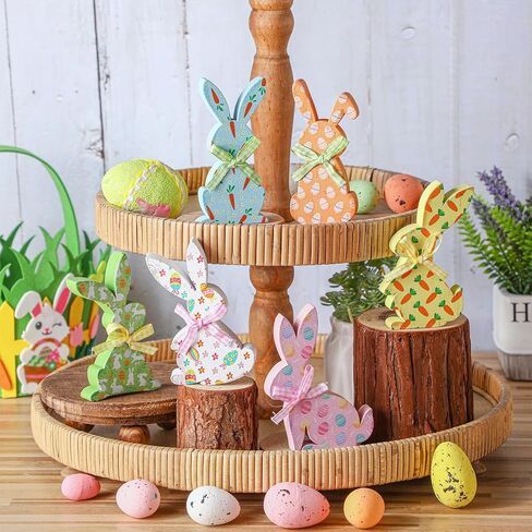 Thinkday 6 Pcs Easter Bunny Wooden Signs Rabbit Spring Table Signs for Home Office Table Wood Bunny Easter Decorations Sign with Ribbons for Tiered Tray Mantel Shelf, Farmhouse Party Supplies in Kuwait