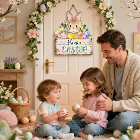 أكاليل عيد الفصح للباب الأمامي، لافتة باب خشبية، زينة على شكل زهرة الأرنب، شماعة حائط على شكل بيضة مع حبل معلق لديكور ساحة المنزل في الأماكن المغلقة والمفتوحة للربيع in Kuwait