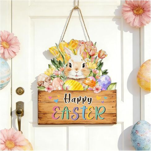 أكاليل عيد الفصح للباب الأمامي، لافتة باب خشبية، زينة على شكل زهرة الأرنب، شماعة حائط على شكل بيضة مع حبل معلق لديكور ساحة المنزل في الأماكن المغلقة والمفتوحة للربيع in Kuwait
