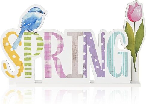 Smile Spring Wooden Standing Sign with Bird Tulips, Flower Floral Spring Indoor Decoration in Kuwait