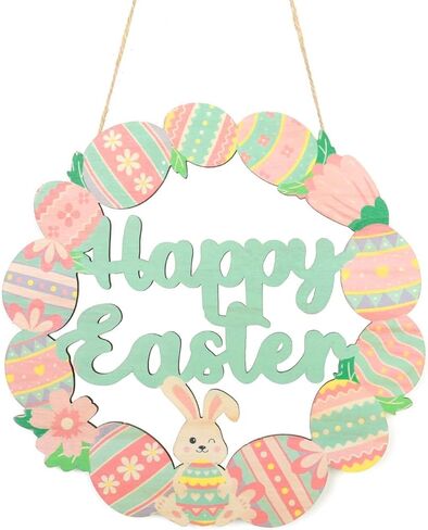 Bunny Eggs Wood Wreath, Happy Easter Decorations Sign, Bunny Eggs Hanging Decor with Pink Green Spring Elements for Front Door, Porch, Window, Wall - Indoor Outdoor Easter Home Decor Gift in Kuwait