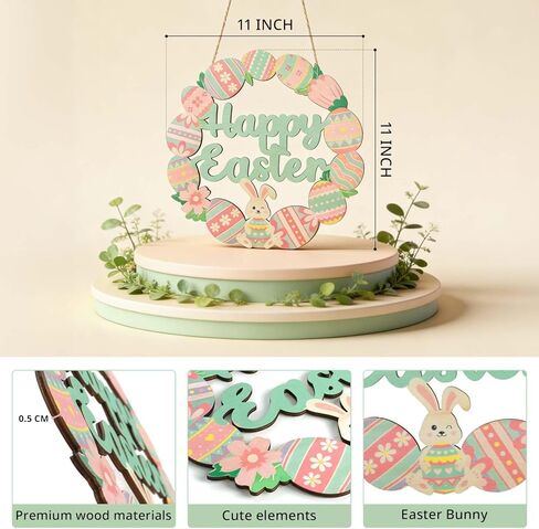 Bunny Eggs Wood Wreath, Happy Easter Decorations Sign, Bunny Eggs Hanging Decor with Pink Green Spring Elements for Front Door, Porch, Window, Wall - Indoor Outdoor Easter Home Decor Gift in Kuwait