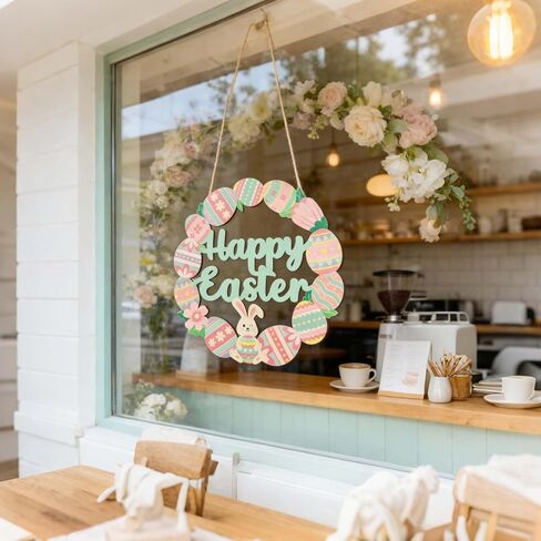 Bunny Eggs Wood Wreath, Happy Easter Decorations Sign, Bunny Eggs Hanging Decor with Pink Green Spring Elements for Front Door, Porch, Window, Wall - Indoor Outdoor Easter Home Decor Gift in Kuwait