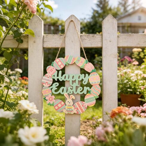 Bunny Eggs Wood Wreath, Happy Easter Decorations Sign, Bunny Eggs Hanging Decor with Pink Green Spring Elements for Front Door, Porch, Window, Wall - Indoor Outdoor Easter Home Decor Gift in Kuwait