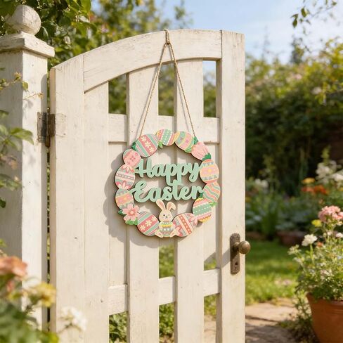 Bunny Eggs Wood Wreath, Happy Easter Decorations Sign, Bunny Eggs Hanging Decor with Pink Green Spring Elements for Front Door, Porch, Window, Wall - Indoor Outdoor Easter Home Decor Gift in Kuwait