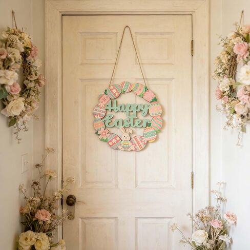Bunny Eggs Wood Wreath, Happy Easter Decorations Sign, Bunny Eggs Hanging Decor with Pink Green Spring Elements for Front Door, Porch, Window, Wall - Indoor Outdoor Easter Home Decor Gift in Kuwait
