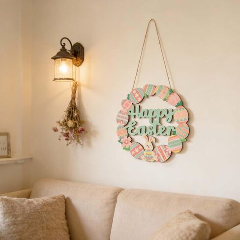 Bunny Eggs Wood Wreath, Happy Easter Decorations Sign, Bunny Eggs Hanging Decor with Pink Green Spring Elements for Front Door, Porch, Window, Wall - Indoor Outdoor Easter Home Decor Gift in Kuwait