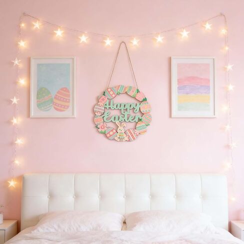 Bunny Eggs Wood Wreath, Happy Easter Decorations Sign, Bunny Eggs Hanging Decor with Pink Green Spring Elements for Front Door, Porch, Window, Wall - Indoor Outdoor Easter Home Decor Gift in Kuwait