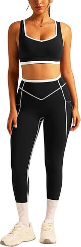 ABOCIW Workout Sets for Women 2 Piece Square Neck Sports Bra Contrast Stitching High Waist Legging with Pockets in Saudi Arabia