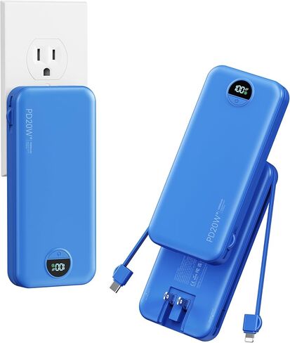 20000mAh Ultra-Portable-Charger-Power-Bank with Built in Cables&AC Wall Plug,PD20W USB-C Fast Charging Cell Phone Charger Battery Pack,LED Display Travel Battery Bank for All iPhone,Samsung,Android in Kuwait