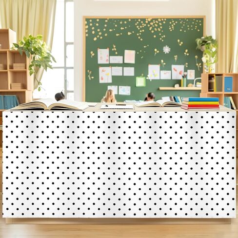 9FT Polka Dots Table Skirt for Teacher Desk Velvetlike Rectangular Teacher Desk Skirt for Classroom Office Cabinet Decorations Back to School Supplies (Black White Polka Dots, 108" x 29") in Saudi Arabia