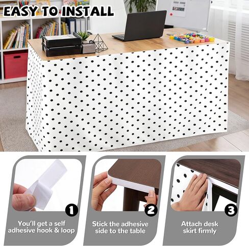 9FT Polka Dots Table Skirt for Teacher Desk Velvetlike Rectangular Teacher Desk Skirt for Classroom Office Cabinet Decorations Back to School Supplies (Black White Polka Dots, 108" x 29") in Saudi Arabia