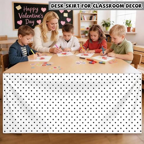 9FT Polka Dots Table Skirt for Teacher Desk Velvetlike Rectangular Teacher Desk Skirt for Classroom Office Cabinet Decorations Back to School Supplies (Black White Polka Dots, 108" x 29") in Saudi Arabia