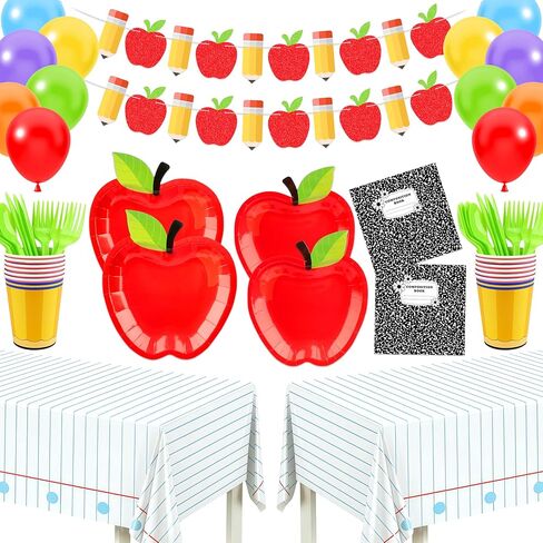 BORAMDO 202 قطعة من ديكورات حفلات العودة إلى المدرسة، تتضمن لوازم حفلات اليوم الأول من المدرسة أطباق ومناديل وأكواب وأدوات مائدة ومفارش طاولة ولافتة وبالونات لاحتفالات رياض الأطفال في الفصل الدراسي in Kuwait