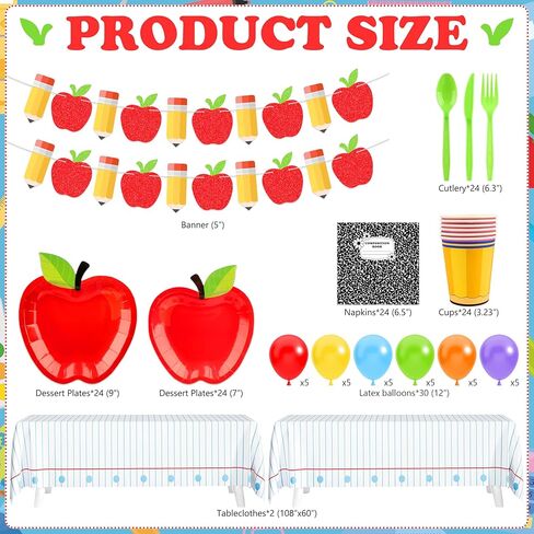 BORAMDO 202 قطعة من ديكورات حفلات العودة إلى المدرسة، تتضمن لوازم حفلات اليوم الأول من المدرسة أطباق ومناديل وأكواب وأدوات مائدة ومفارش طاولة ولافتة وبالونات لاحتفالات رياض الأطفال في الفصل الدراسي in Kuwait